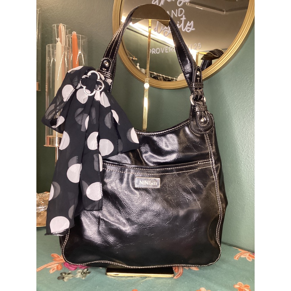 Nine & Co Black Faux Leather Hobo Shoulder Bag‎ with Polka Dot Scarf Accent